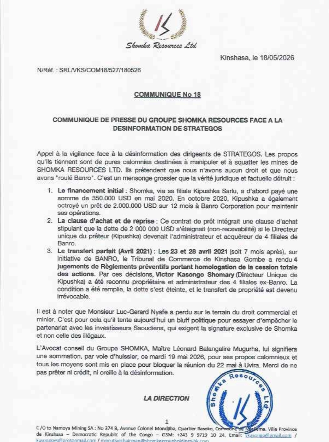 Shomka Resources dénonce une campagne de désinformation de Strategos et rappelle la légitimité sur les actifs miniers